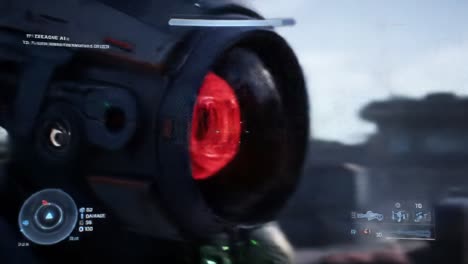 a highly detailed robotic unit scans its surroundings with a glowing red sensor. the urban landscape is gritty, hinting at recent destruction and heavy combat activity.