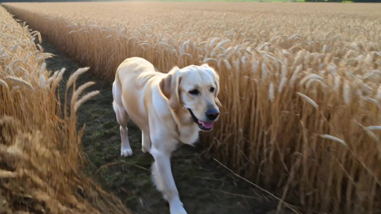 Un cane di tipo Labrador dorato che emerge, camminando lungo uno stretto sentiero di grano verso la telecamera, con la coda che scodinzola.