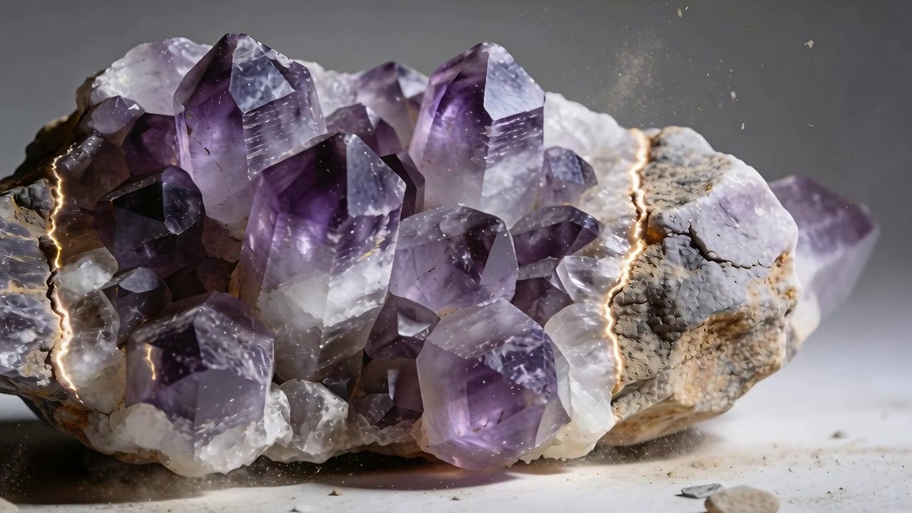 Panning camera revealing amethyst cluster in studio, dust drifting revealing terminated crystal