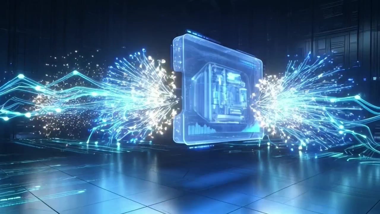 Futuristic Digital Processor Assembly with Glowing Data Streams