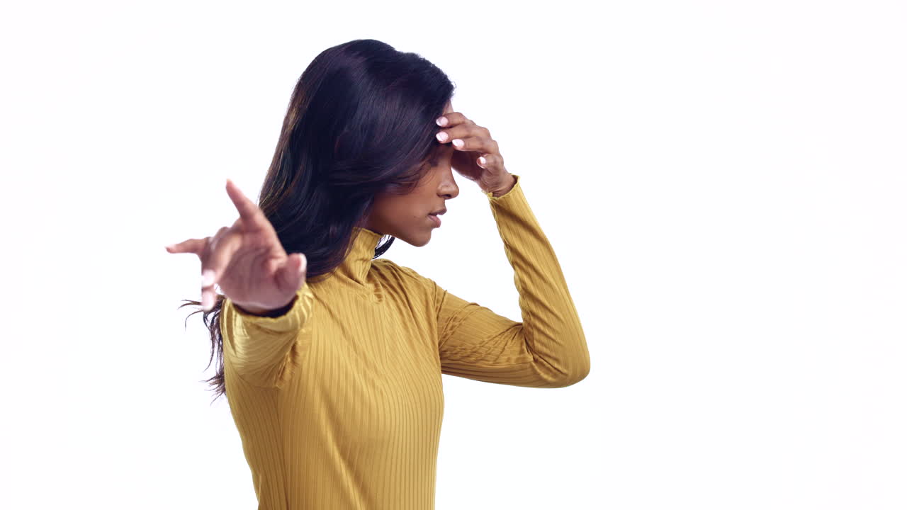 Stop, hands and woman with headache in studio
