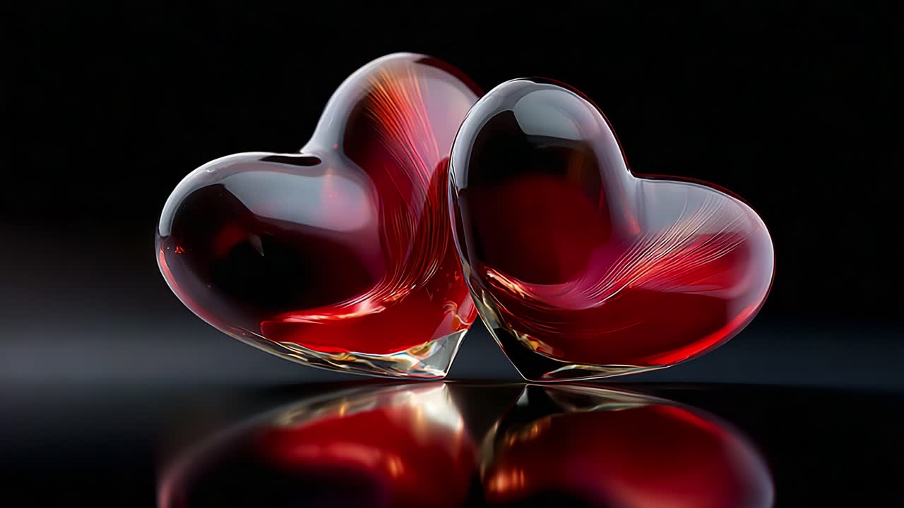 Elegant Red Heart-Shaped Glass Sculptures Reflecting Light, Symbolizing Love and Romance in a Charming Artistic Display, Perfect for Home Décor and Gifts