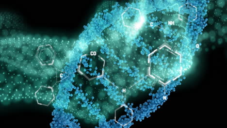 animación de cadenas de adn que giran sobre estructuras químicas