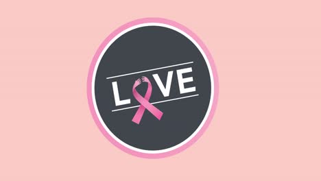 animation of pink ribbon logo and love text appearing on pink background