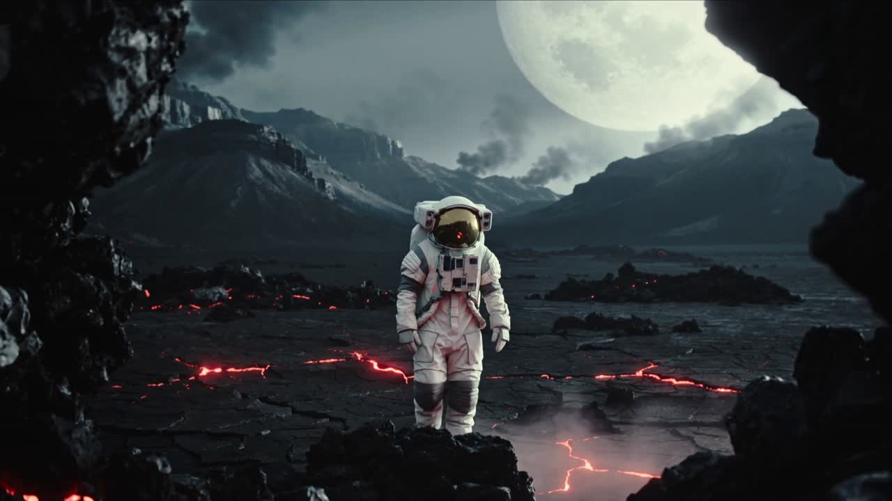Astronaut i hvid dragt og guldvisir går over vulkansk slette og inspicerer lavarevner.