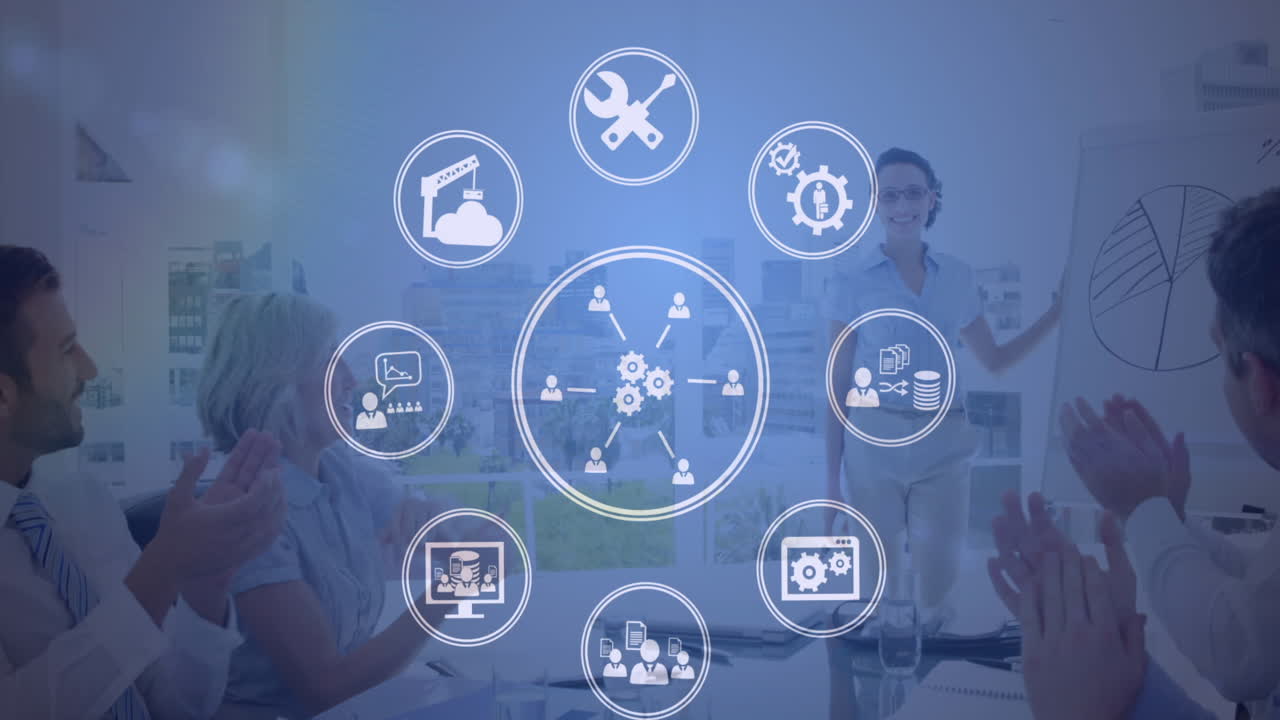 animación de conexiones con iconos y procesamiento de datos sobre personas de negocios