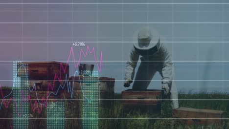 Animation-Der-Statistischen-Datenverarbeitung-über-Den-Landwirt,-Der-Düngemittel-Auf-Dem-Bauernhof-Ausbringt