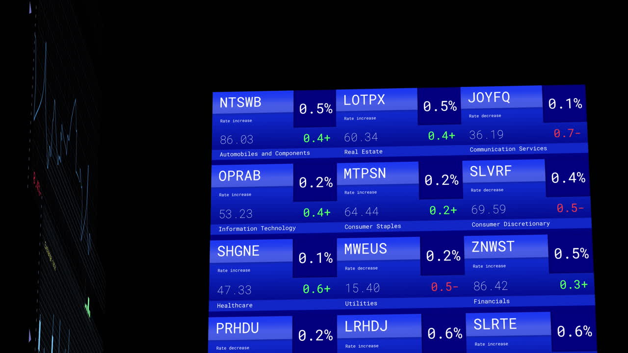 Animazione di elaborazione dati finanziari con schermi su sfondo nero