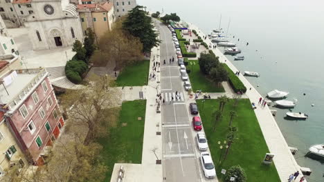 flying over the city of sibenik, panoramic view of the old town center and coast