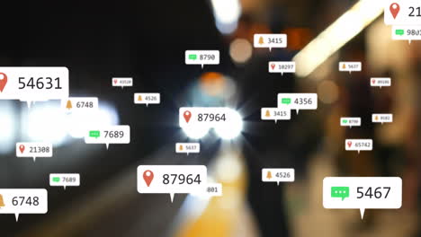animación de iconos y números de redes sociales sobre luces de la ciudad fuera de foco