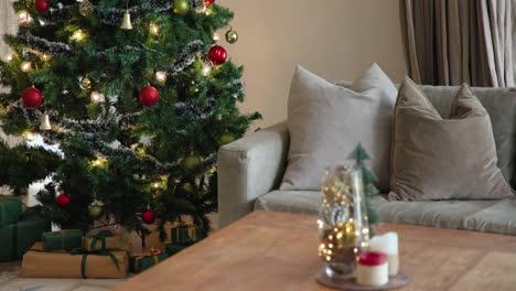 cozy living room with decorated christmas tree and gifts under it, copy space