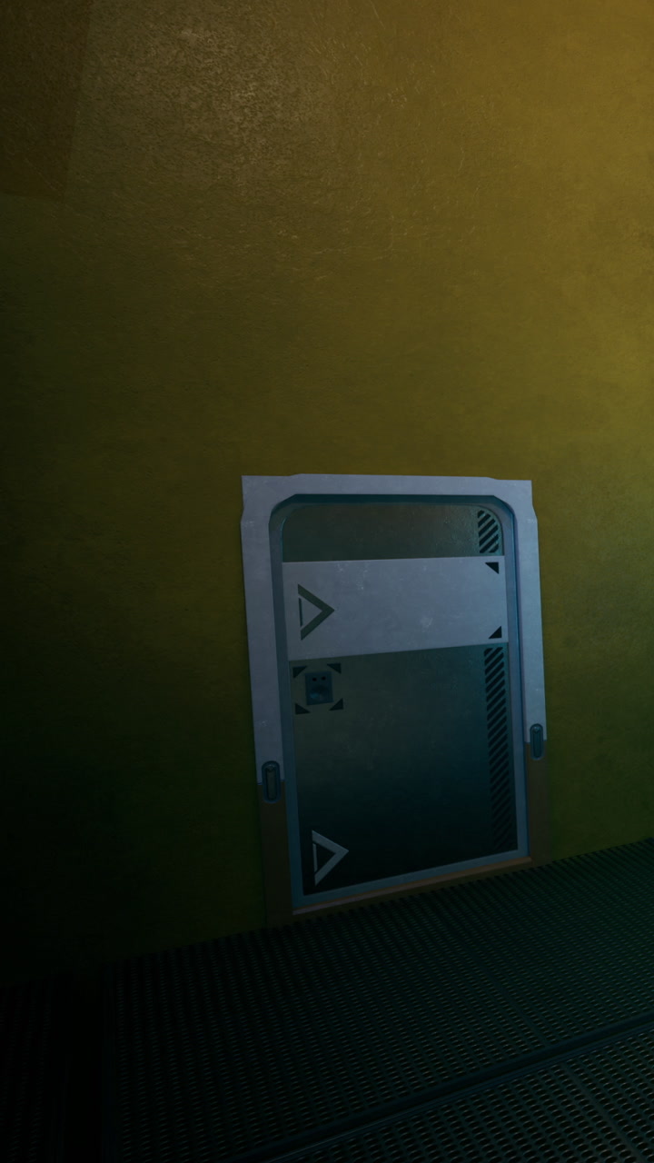 Futuristic metallic door standing in a vibrant yellow hallway