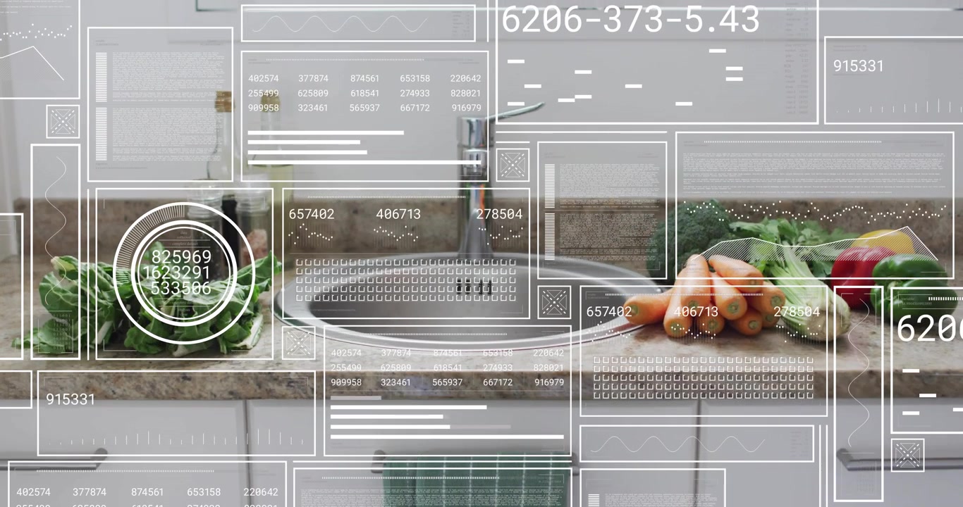 Vegetales en el fregadero de la encimera permaneciendo estáticos mientras un HUD aparece, escanea y luego se desvanece, rastreando datos de la cocina