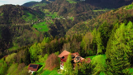 Antenne-Bewegt-Sich-Rückwärts-In-Die-Bäume-Und-Kippt-Nach-Oben-über-Die-Ländliche-Schweizer-Landschaft