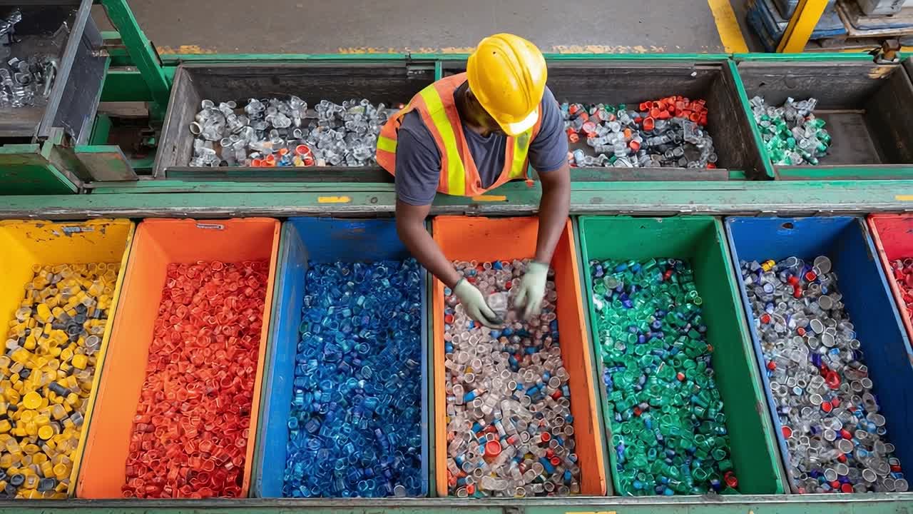 Lavoratore che seleziona bottiglie di plastica in un impianto di riciclaggio