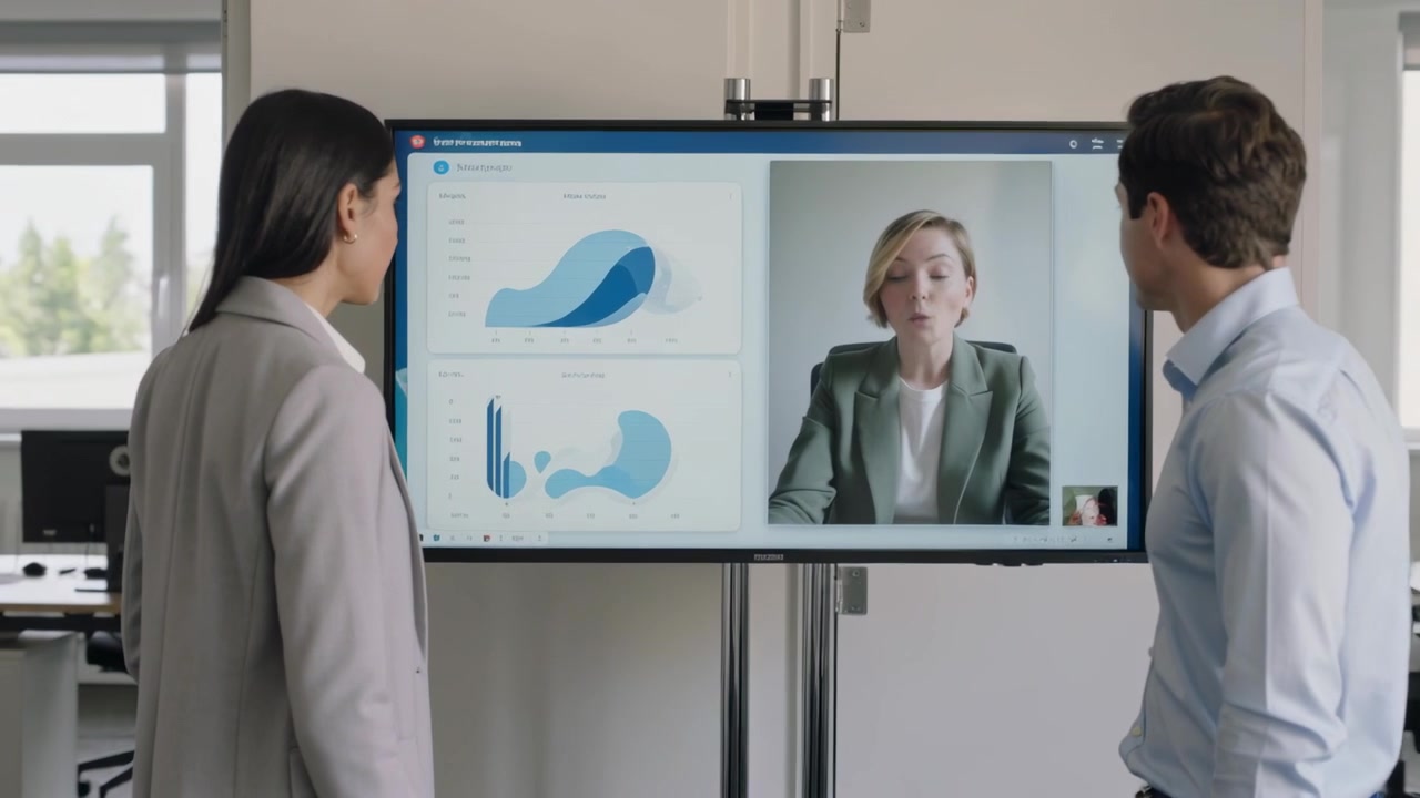 Pointing man in blue shirt explaining charts to coworker in office, monitor showing remote smiling