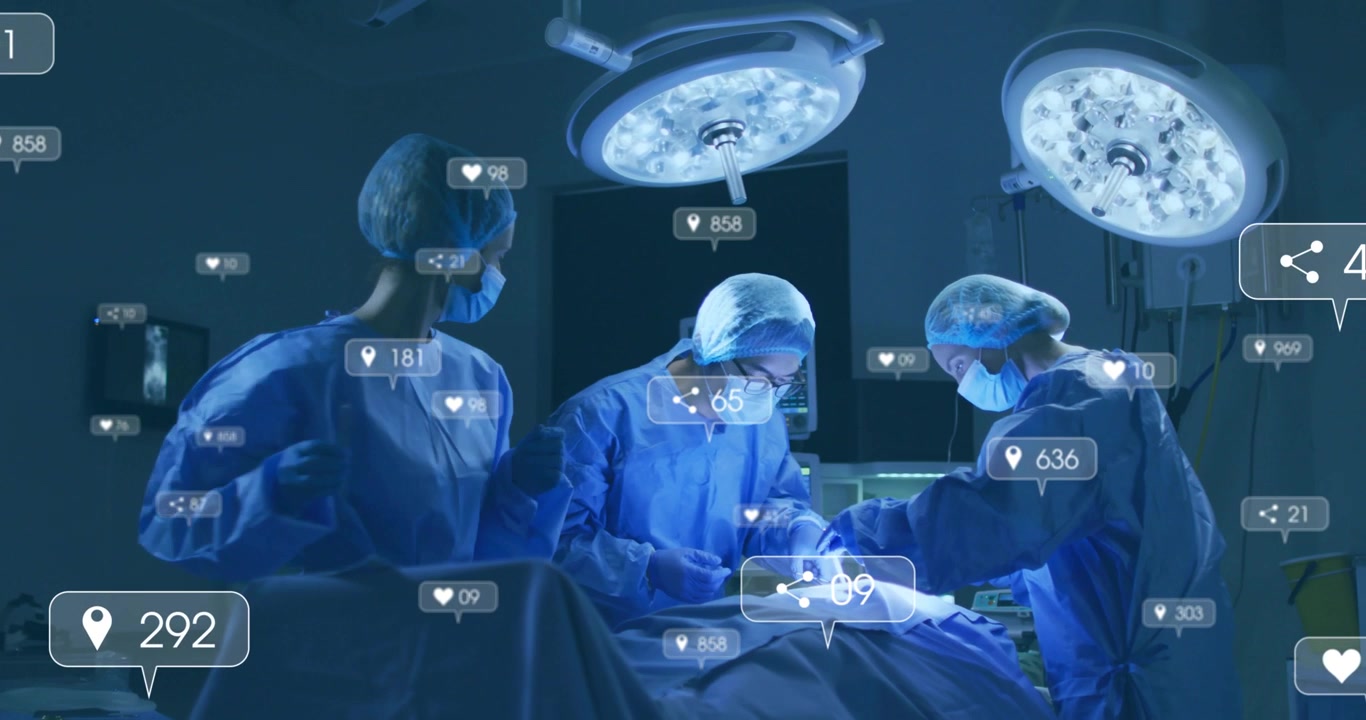 Upon surgeon gripping scalpel team performing incision under LED lights while social metrics rising