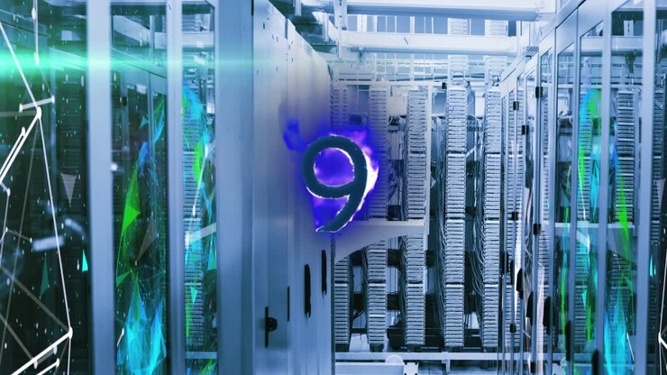 Animation of shapes and 9 number over server room