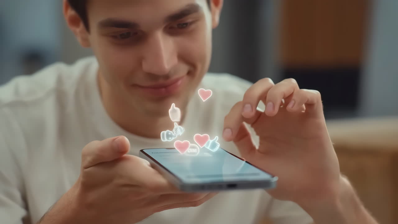 Young Man Interacting with Social Media on Smartphone Showing Digital Likes and Hearts