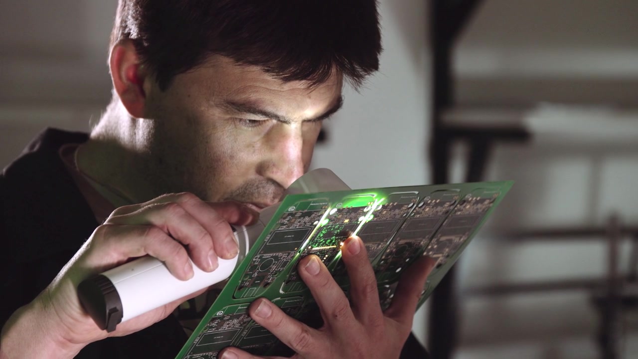 A quality control technician inspects an electronic circuit board for imperfections using an illuminated inspection magnifier.
