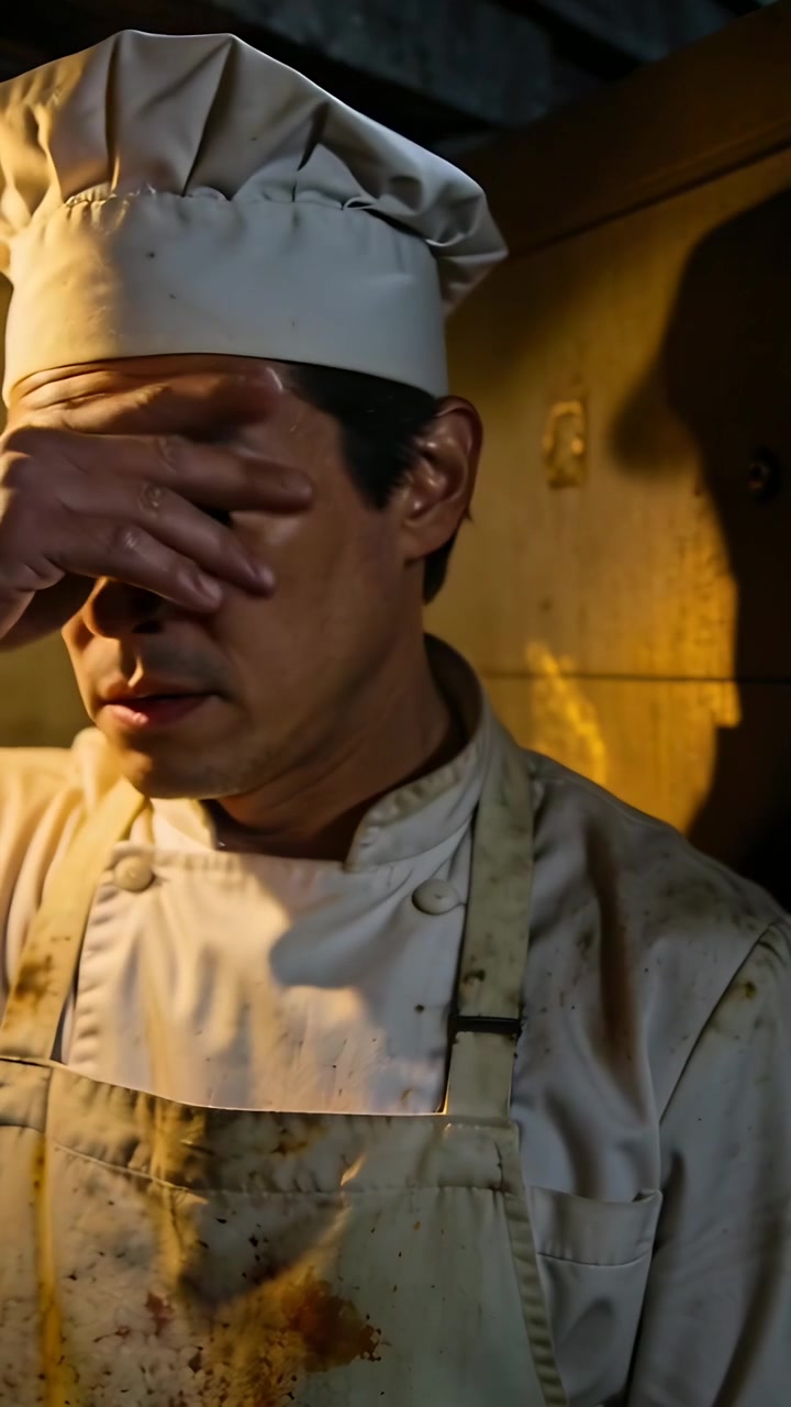 Video verticale: Chiudendo gli occhi, strofinandosi il viso, uno chef con grembiule macchiato e cappello da chef si gira verso un suono.