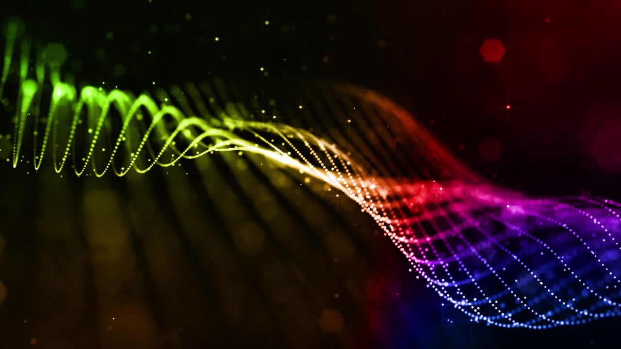 4k 루프로 된 sf 배경은 보케와 빛 효과를 가지고 있습니다. 빛나는 그라디언트 색소 입자는 가상 공간 또는 홀로그램으로 선, 표면,  구조를 형성합니다.
