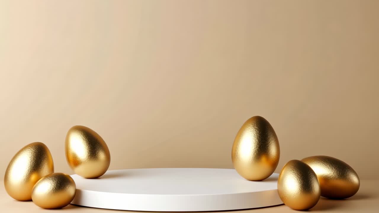 Golden eggs on a round white platform, shot from a low angle. Minimalist style with a warm beige
