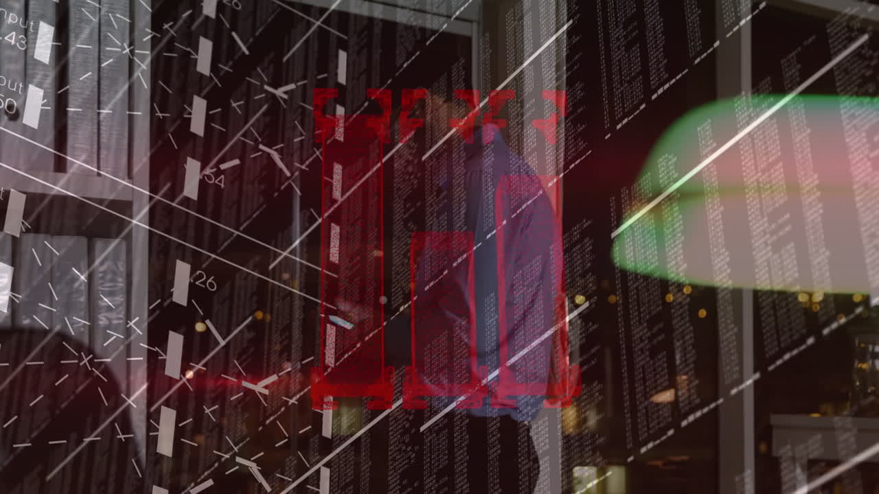 Overlaying animation of digital data and geometric patterns on urban night scene
