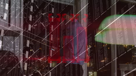 overlaying animation of digital data and geometric patterns on urban night scene