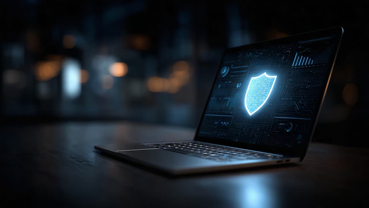 A High-Tech Laptop Displaying a Shield Icon, Symbolizing Cybersecurity and Data Protection in a Dark, Modern Environment
