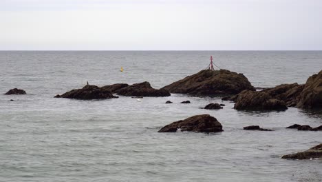 Warning-marker-on-some-rocks-at-the-edge-of-the-Looe-estuary-in-Looe,-Cornwall,-England,-UK