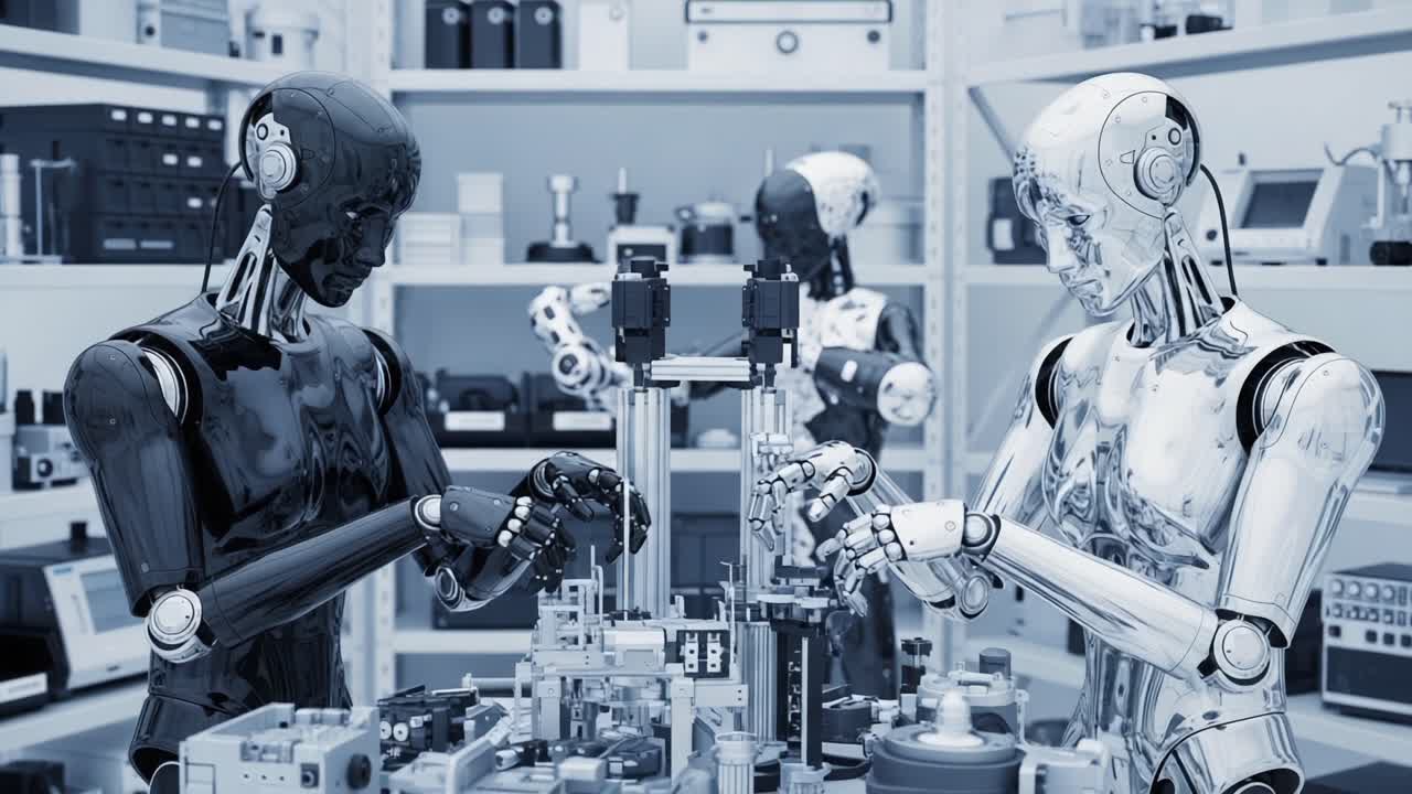 A Pair of Advanced Robotic Entities Interacting in a Futuristic Laboratory Environment, Engaged in Complex Mechanisms and Innovative Technology Development