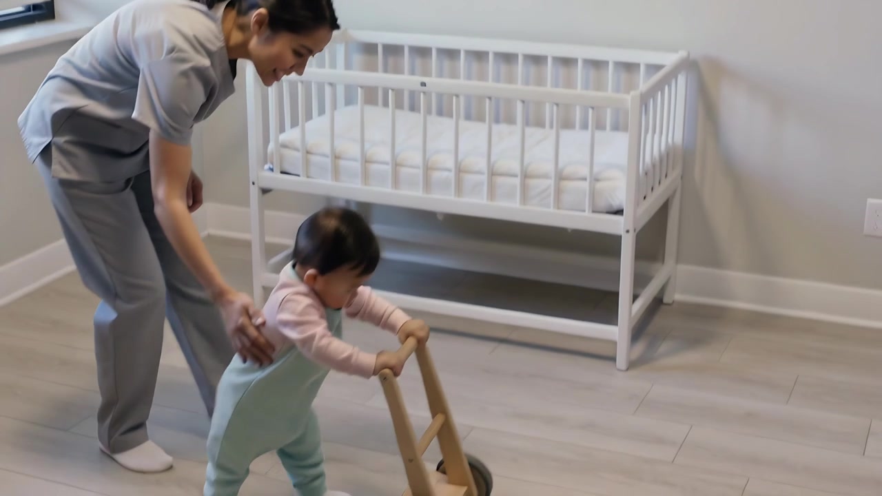 Reaching walker, toddler learning to walk at home with caregiver in scrubs steadying, copy space