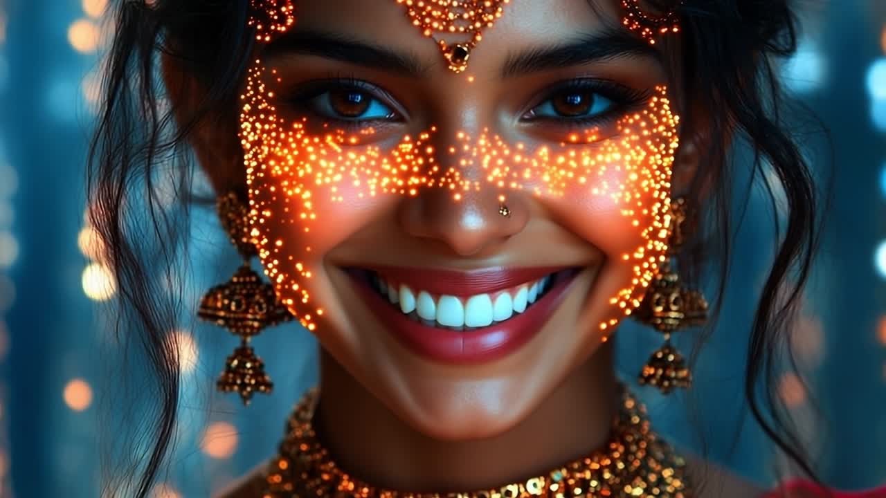Luci festive e dolci sorrisi. Una donna gioiosa con decorazioni luminose sul viso festeggia a un vivace festival culturale serale