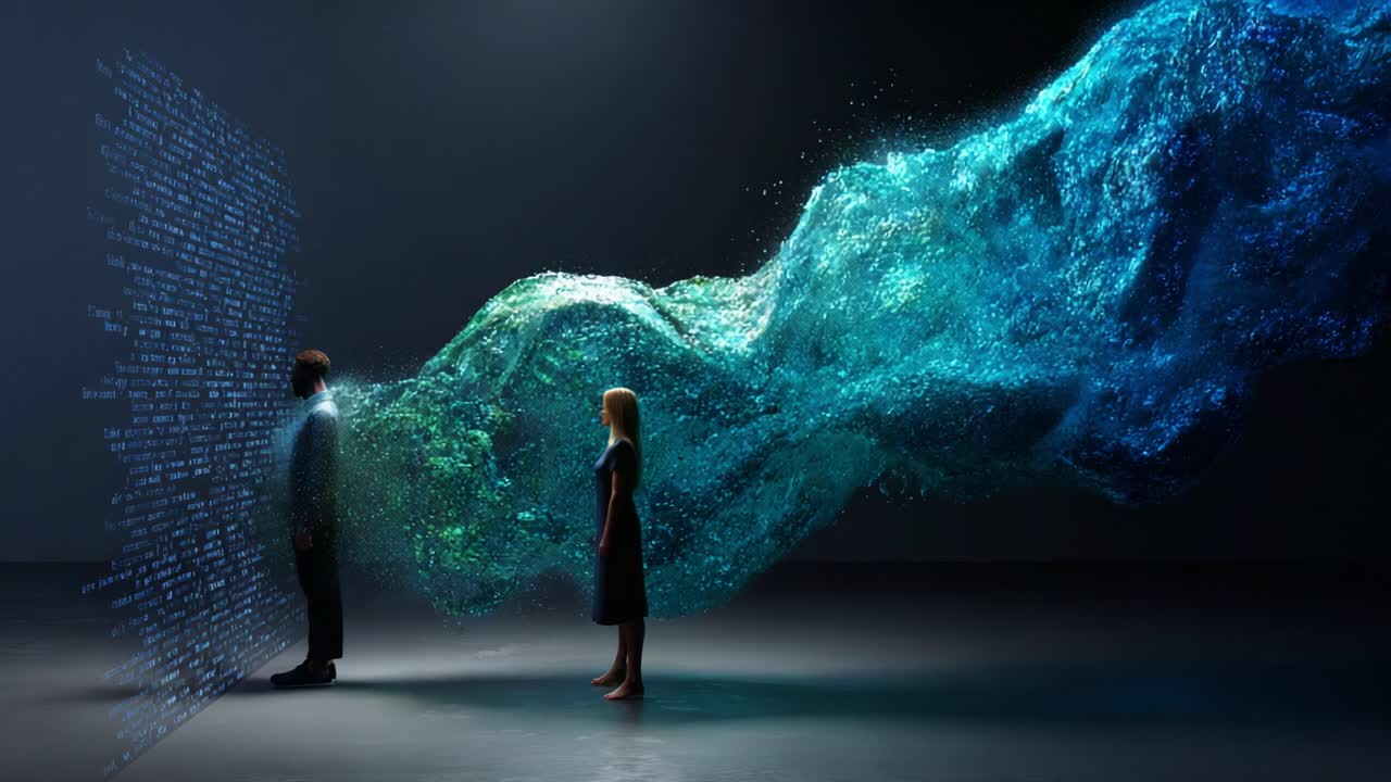 A captivating exploration of communication and connection, where ethereal waves of data illustrate the profound impact of words and thoughts between two individuals, revealing their inner worlds