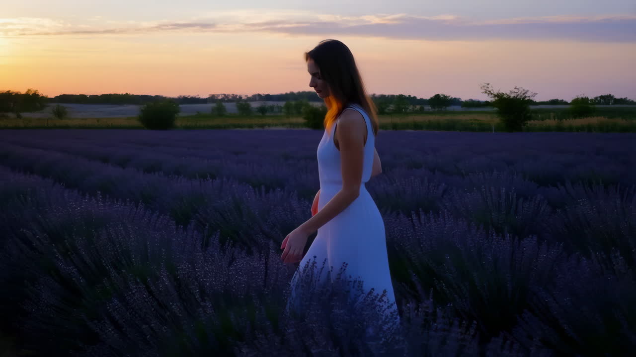 Woman in lavender field at sunset