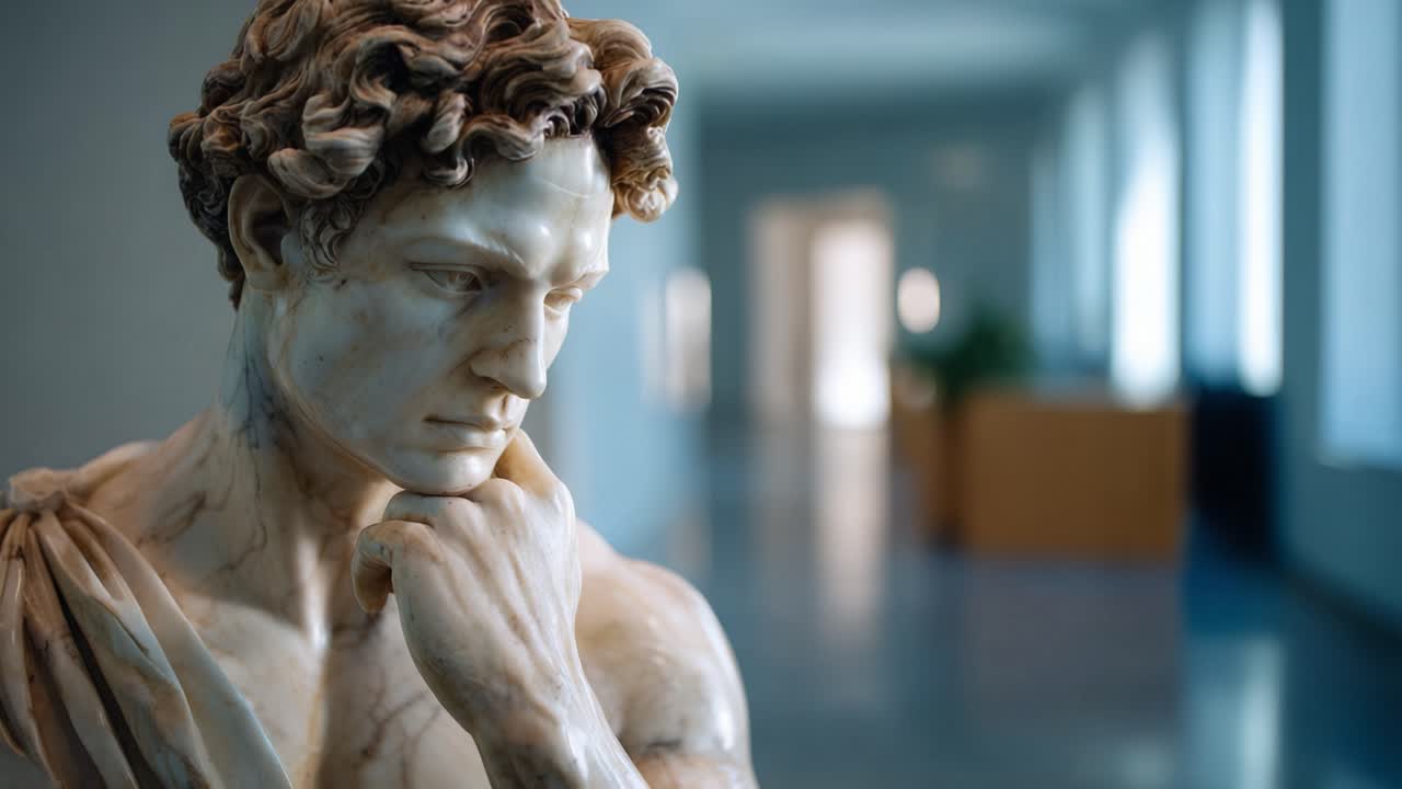Un primo piano di una statua di marmo che raffigura una figura pensierosa, catturata in un corridoio luminoso, che mette in risalto dettagli intricati ed espressione emotiva.