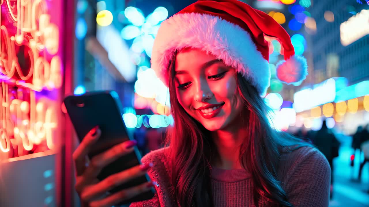 산타 모자를 입은 여자가 드폰을 쳐다보고 있다
