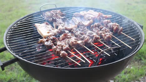 selection of meat grilling on a charcoal bbq