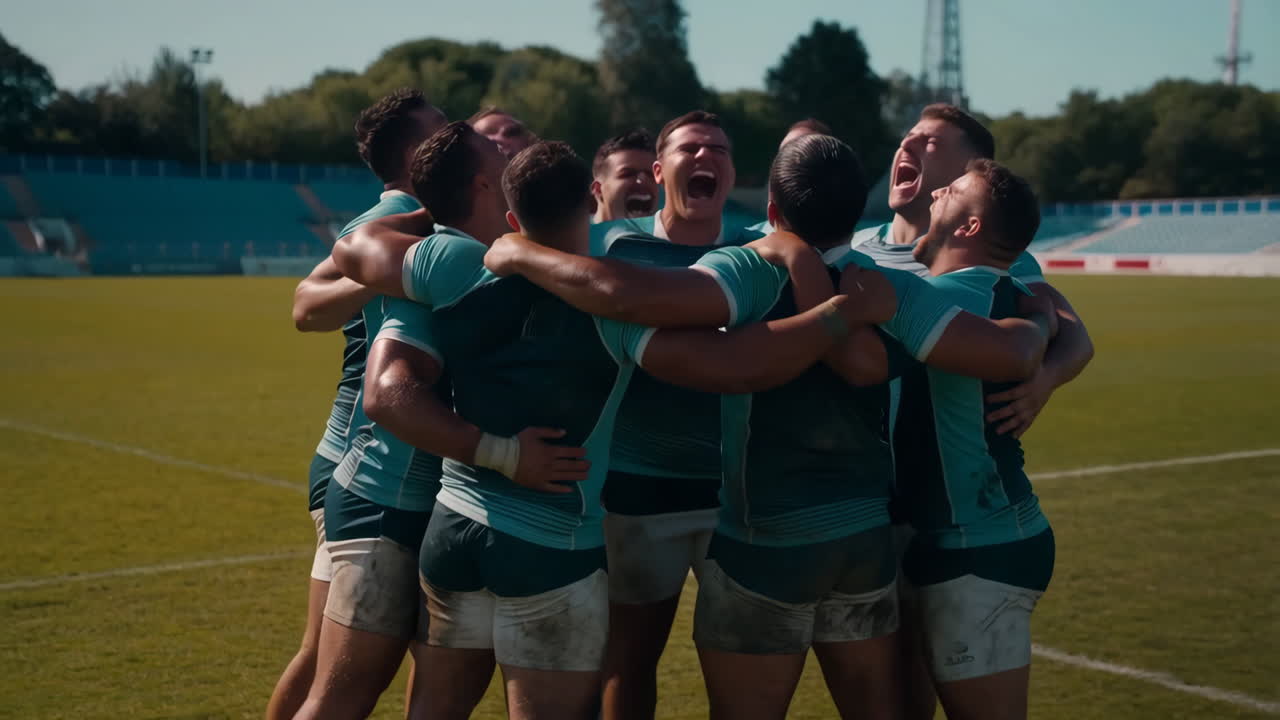 Rugby Team Huddle on the Field