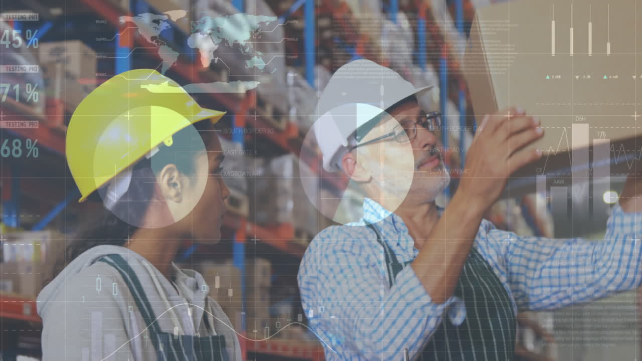 창고에서 일하는 사람들에 대한 데이터 처리의 애니메이션