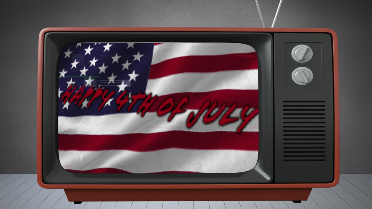U.S. flag waving and Independence Day text on television