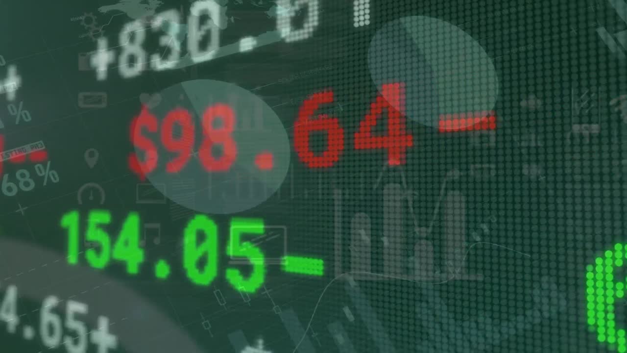 Animation von Börsen- und Finanzdatenverarbeitung über schwarzem Hintergrund