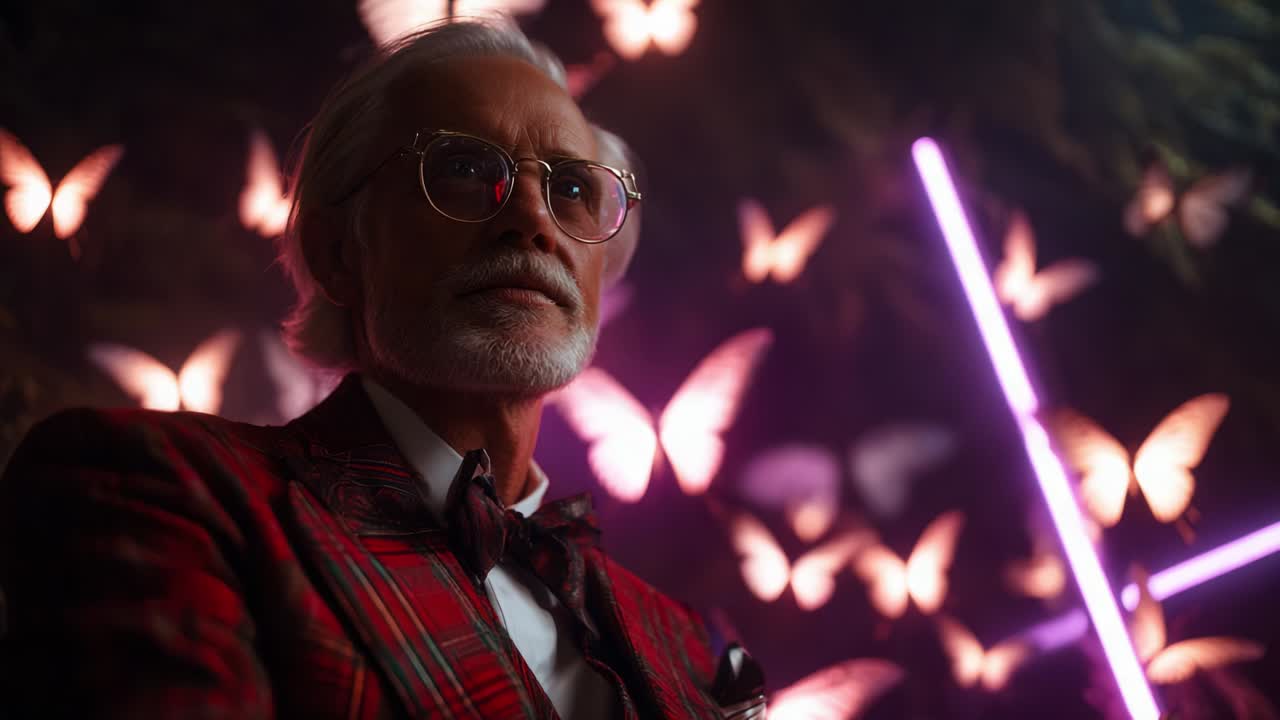 An Elegantly Dressed Man with White Hair and Glasses Stands Against a Vibrant Background Featuring Glowing Pink Neon Lights and Graceful Butterflies, Combining Elements of Nature and Modernity in a Captivating Scene