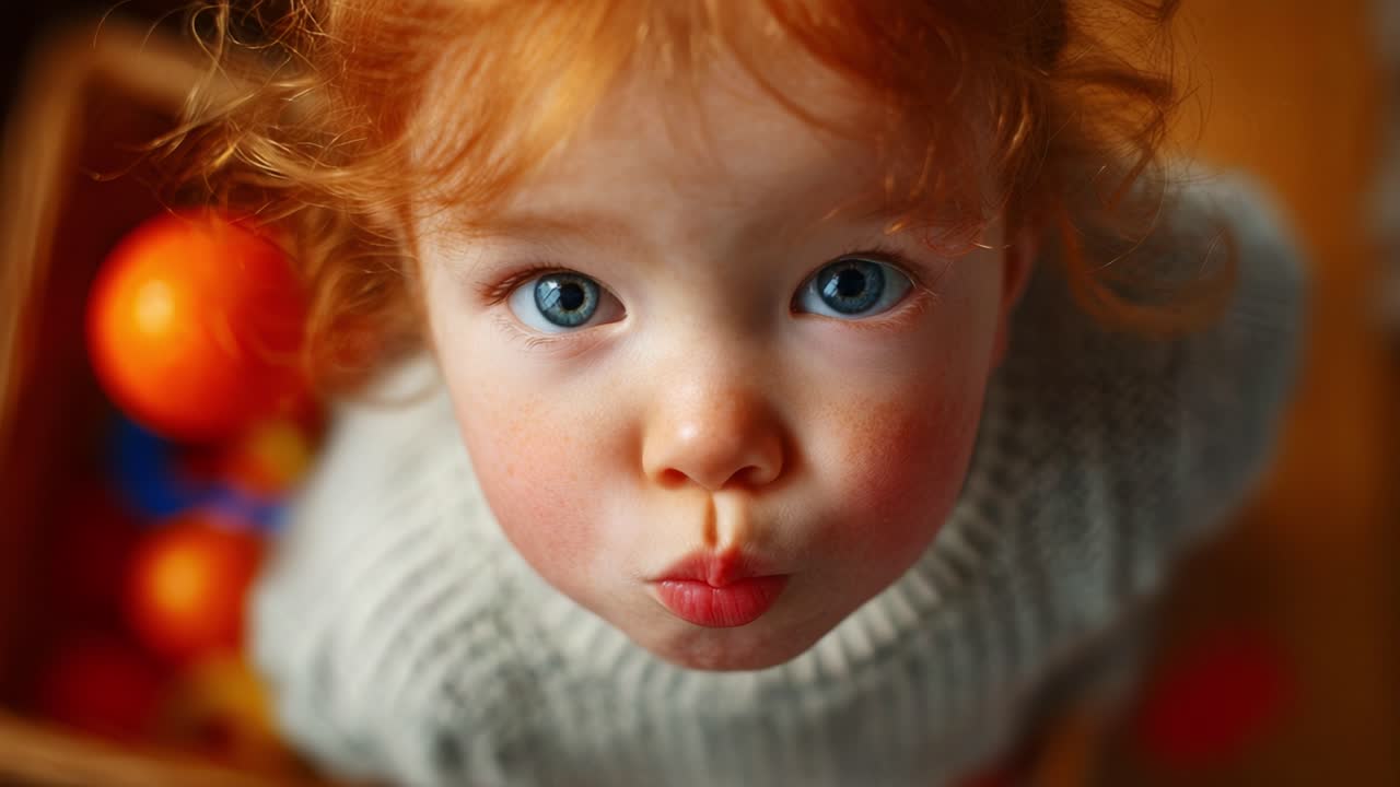 Un enfant espiègle aux cheveux roux et aux yeux bleu vif boude avec assurance, soulignant l’innocence et la joie de l’enfance tandis que des jouets colorés l’entourent dans un cadre chaleureux