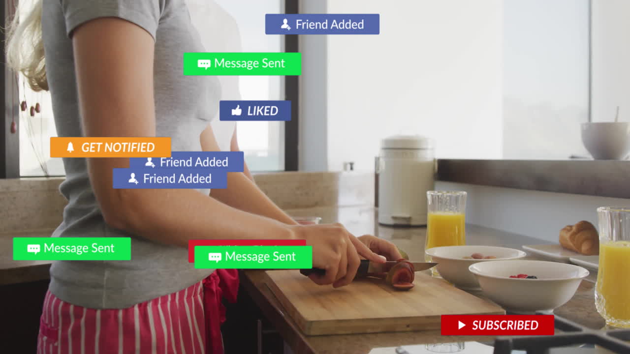 Woman slicing sausage in kitchen while notifications floating over breakfast for marketing design