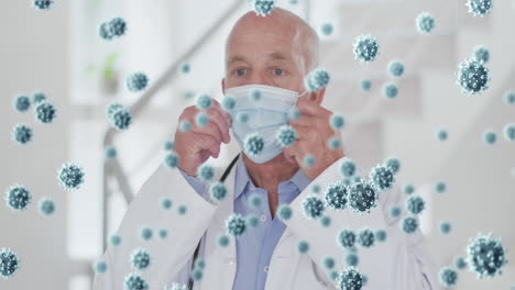 animación de las células de covid-19 sobre un médico que usa una máscara facial