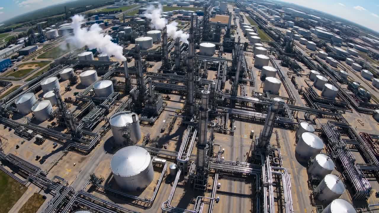 Aerial view of an expansive industrial refinery with complex piping and smoke stacks