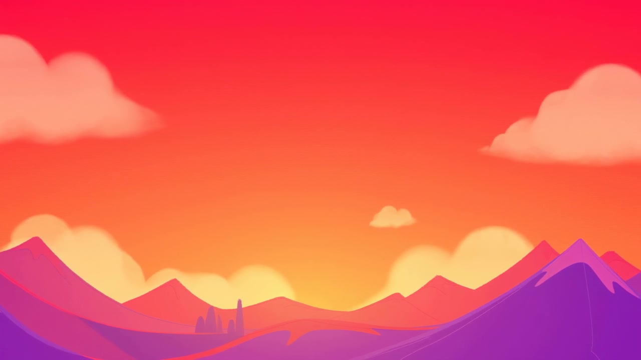 Ruhiger Weitblick zeigt geschichtete violette Berge unter einem glühenden orangefarbenen Himmel, sanfte rosa Akzente, einen ruhigen Horizont, satte Dämmerungsfarben, landschaftliche Tiefe und eine filmische, natürliche Atmosphäre über einer friedlichen Landschaft.