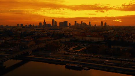 beautiful panoramic aerial drone skyline sunset view of the warsaw city centre with skyscrapers of the warsaw city and warsaw's old town with a market square and a mermaid statue, poland, eu